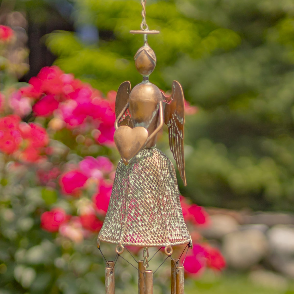 Set of 3 Assorted Hanging Antique Copper Angel Wind Chimes "Angelica, Angela & Angelette"