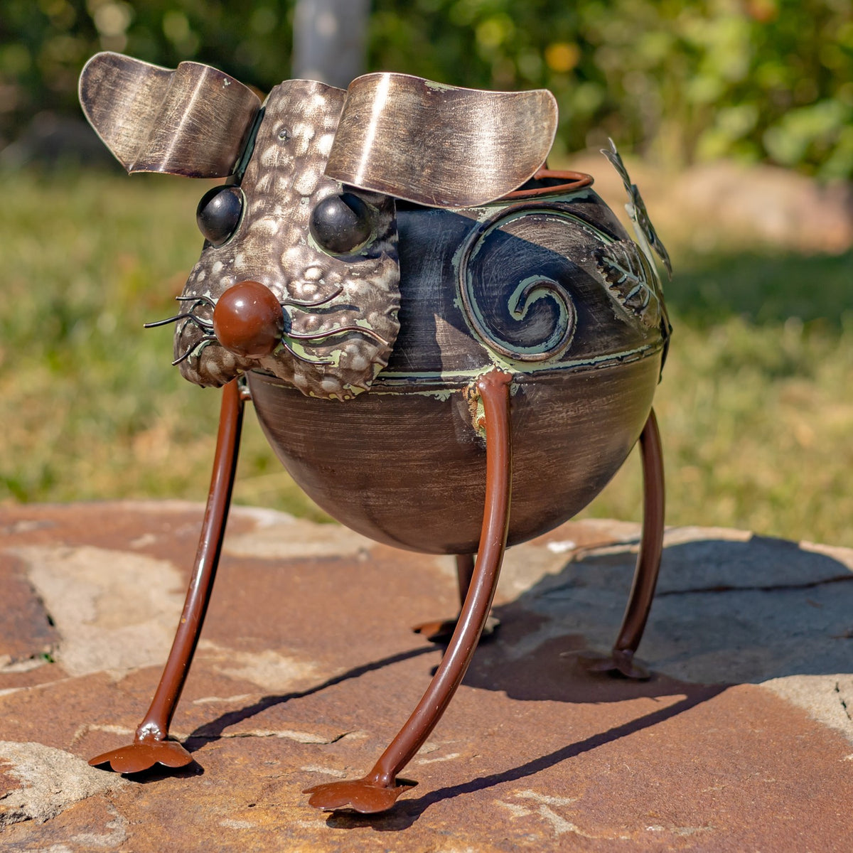 Metal animal planter shaped like a mouse, with oversized ears, a rounded body, and long legs.