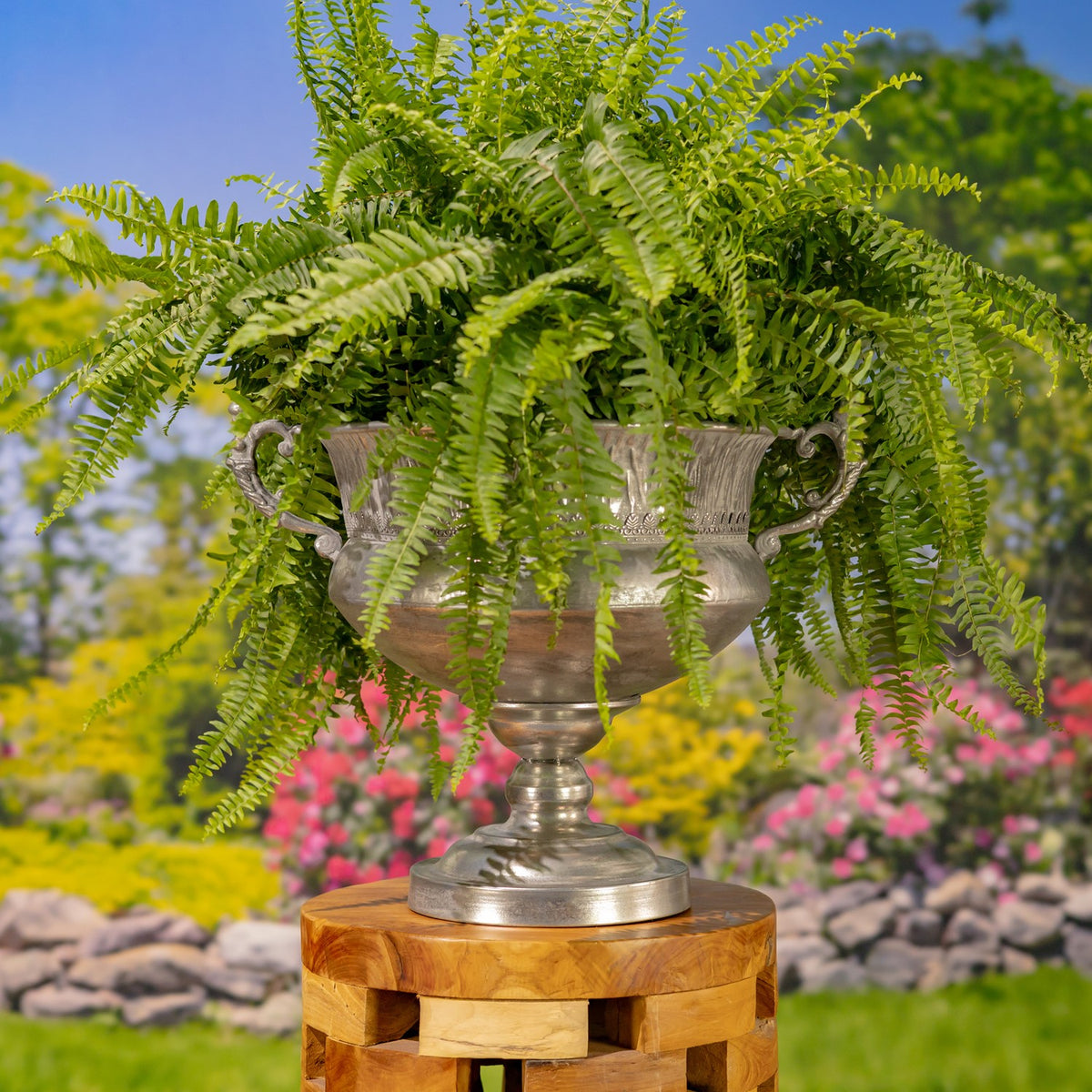 Frosted silver urn filled with a lush fern, displayed on a round wooden stand outdoors.