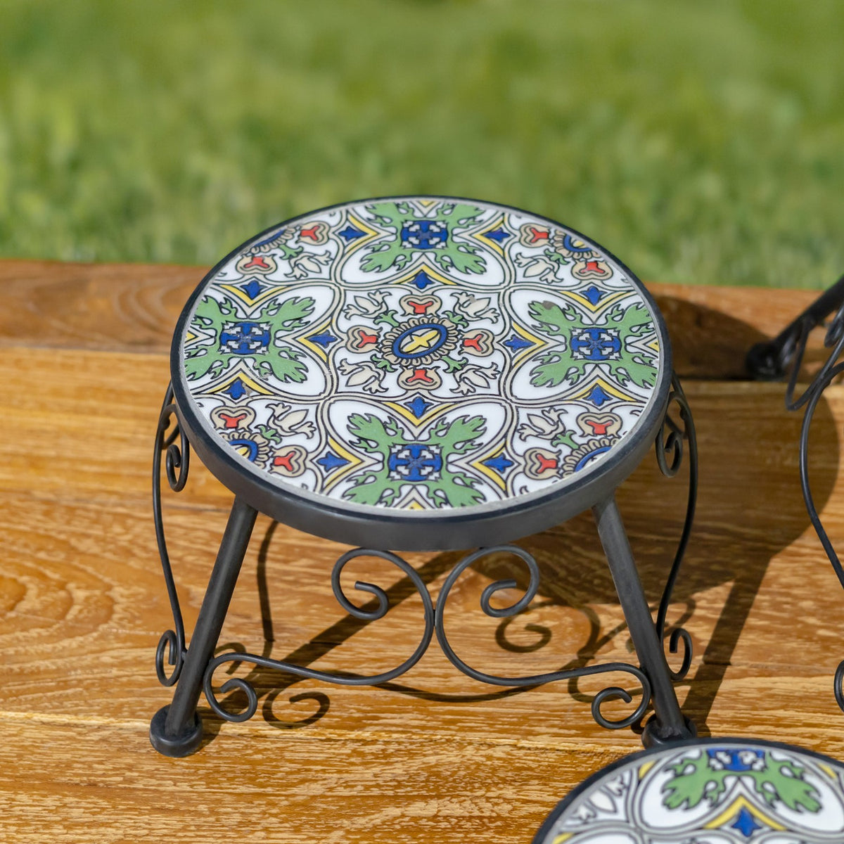 Set of 3 Assorted Mosaic Top Plant Riser Stands in Green/Blue/Yellow "Santarosa"
