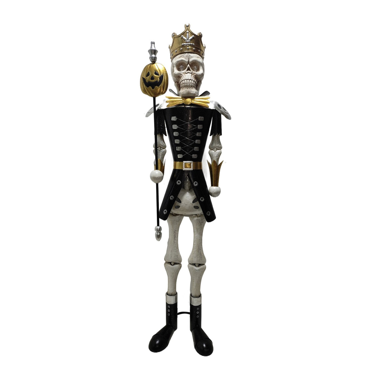 Single full standing skeleton sentry holding a pumpkin staff on white