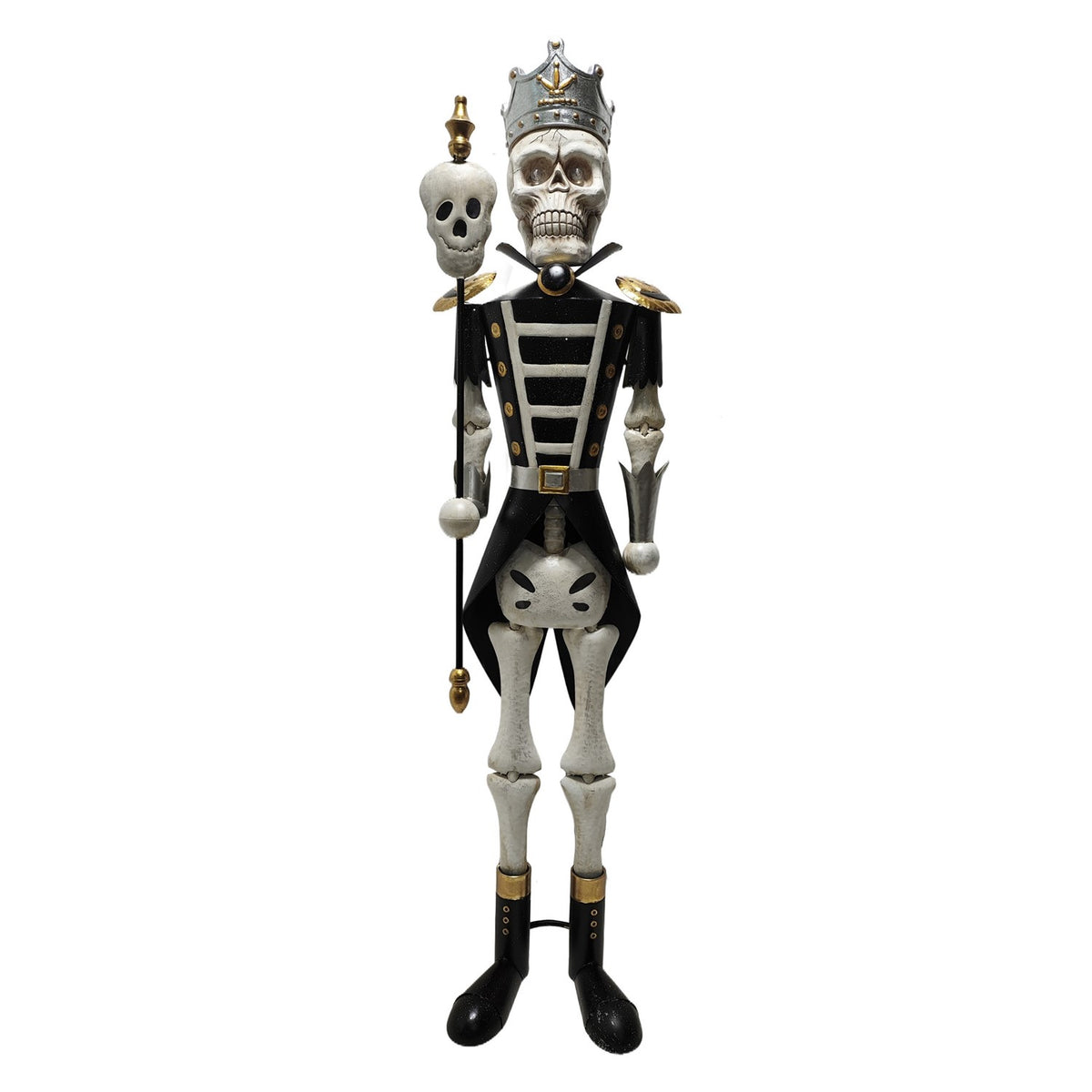 Full-length black and gold skeleton sentry holding a skull staff on white