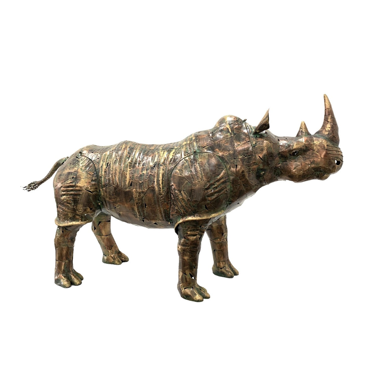 Full-body copper-brown rhinoceros statue shown isolated against a white background