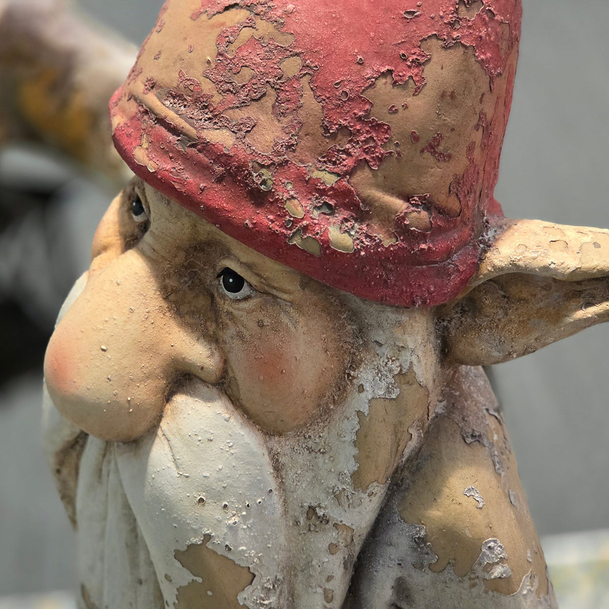 Close-up side view of the gnome's face, beard and weathered red hat