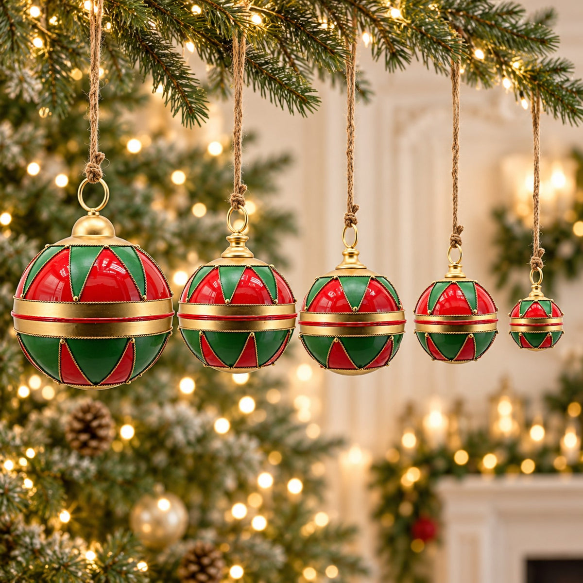 Five matching red, green, and gold bauble ornaments hang in a row, arranged from largest to smallest.