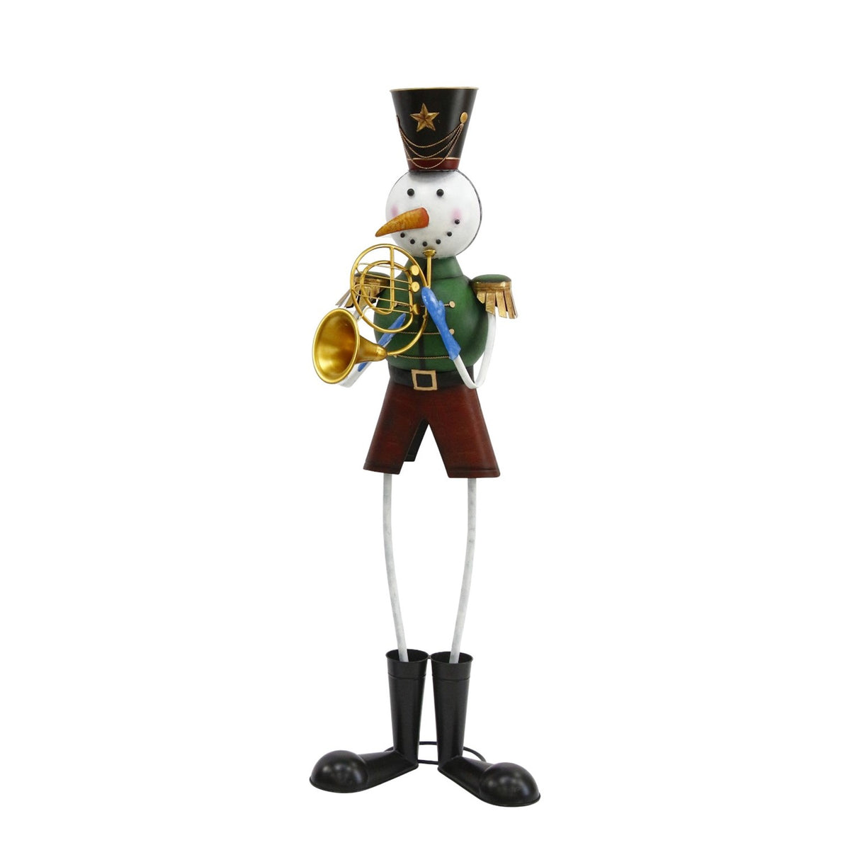 A snowman soldier with a horn and tall black hat is shown against a white background.