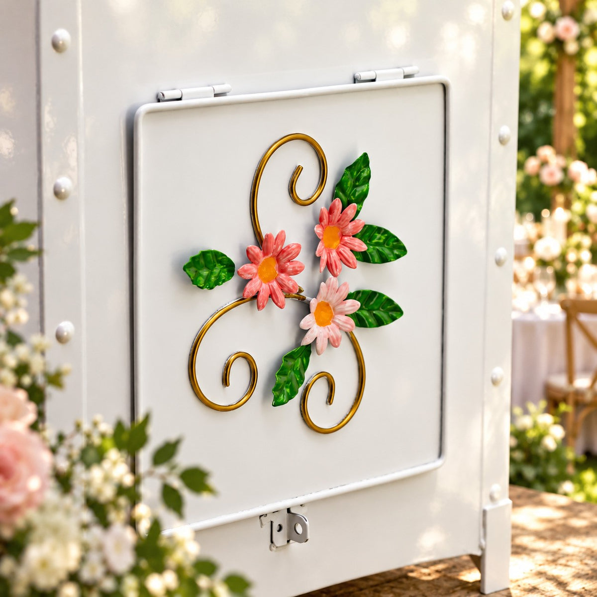 Close-up of the mailbox's lower compartment with floral decoration