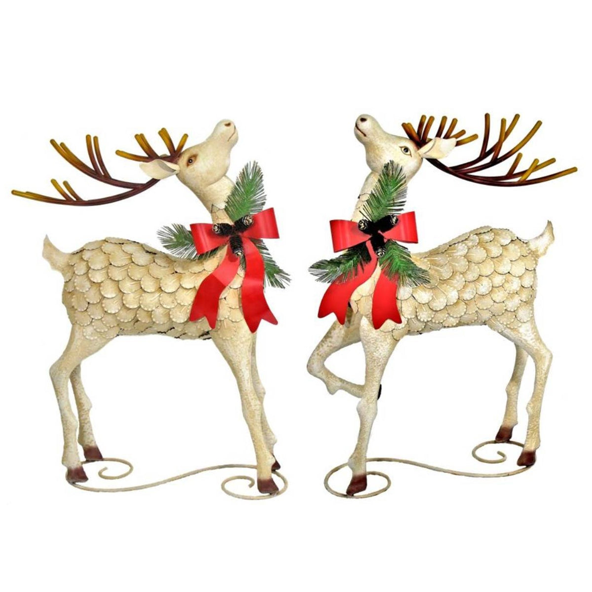 Pair of cream iron reindeer with red bows shown against a white background