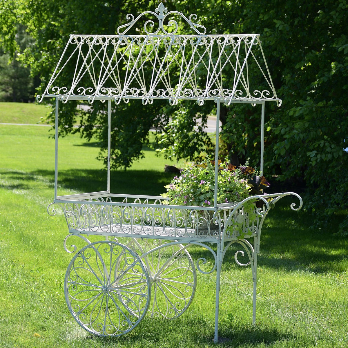 White wrought-iron flower cart with a tall canopy and large spoked wheels on a lawn.