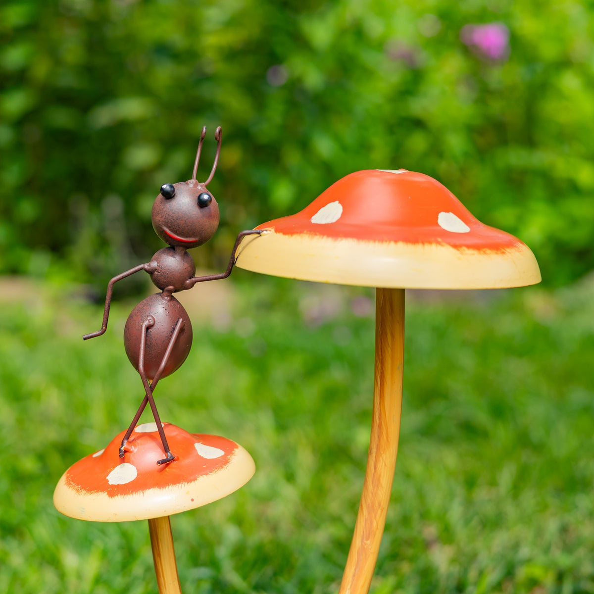 Set of 6 Assorted Funny Ants on Iron Mushroom Garden Stakes