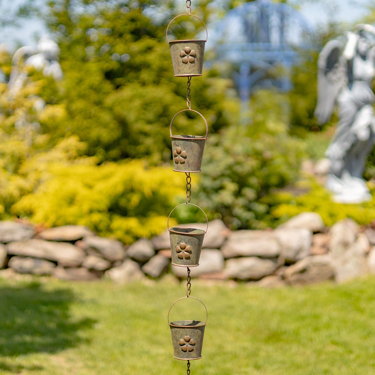 78" Long Iron Bucket Rain Chain in Antique Copper