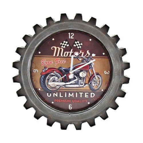 Gear-edged wall clock featuring a red motorcycle and checkered flags on its dial.