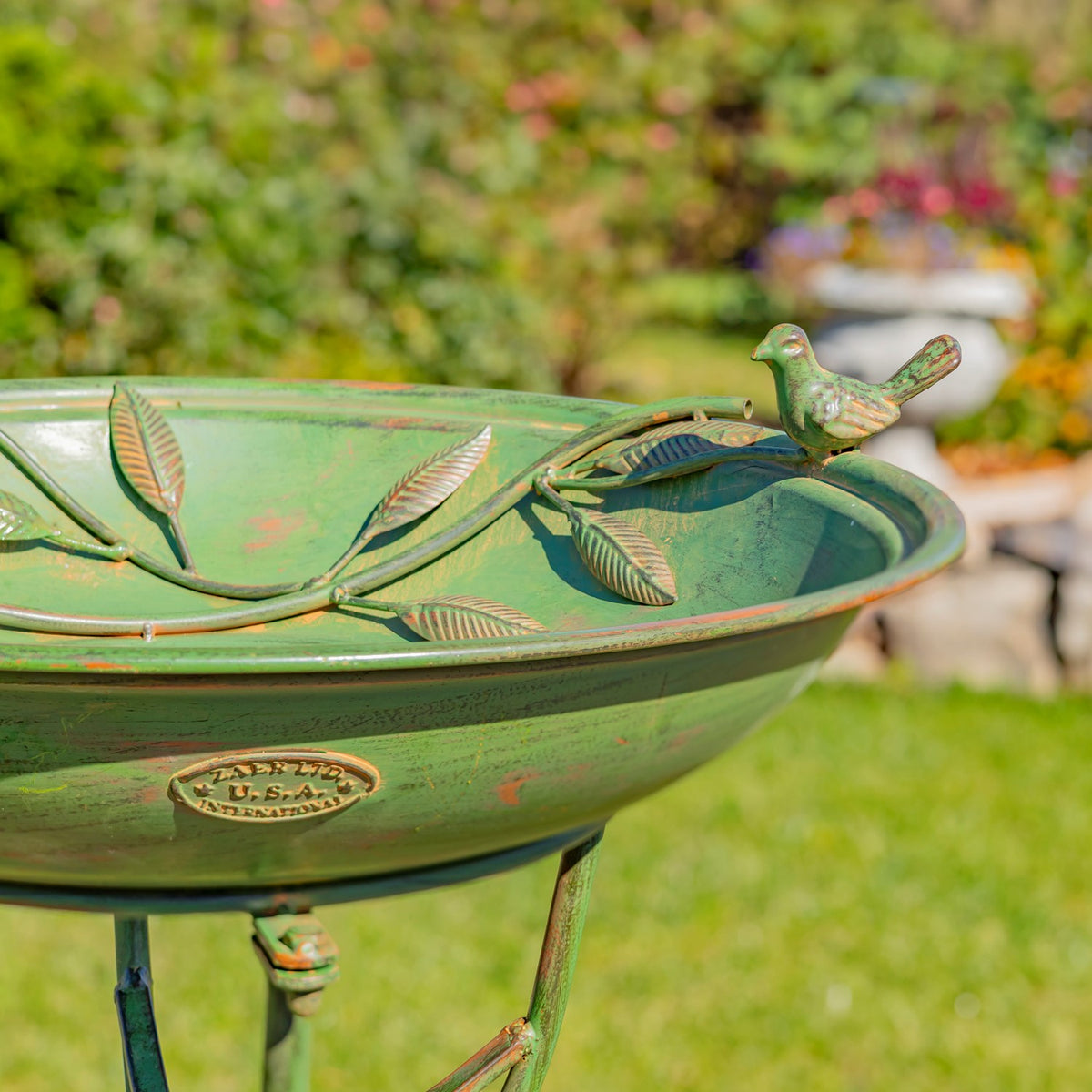 31" Tall "Two Birds" Iron Birdbath with Verdi Green Finish