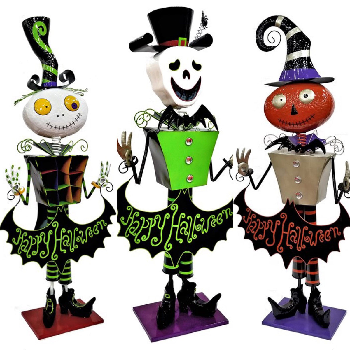 Three Halloween skeleton figurines stand side by side in different colorful hats, outfits, and poses.