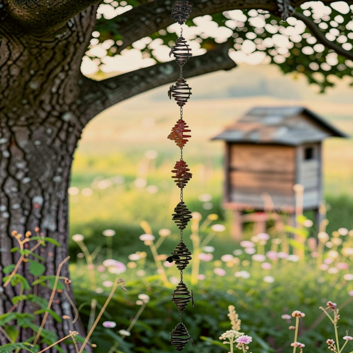 Long decorative rain chain hanging from a tree, with spiral links against a garden backdrop.