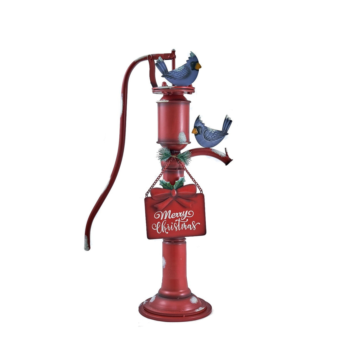 Full view of a red vintage-style pump with two blue birds, greenery, and a suspended holiday sign against white.