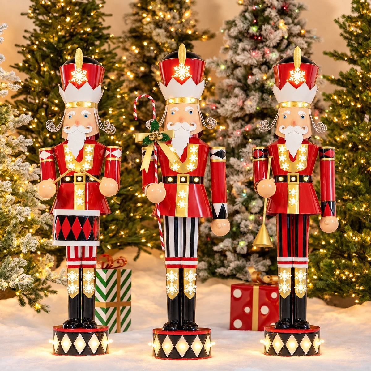 Three illuminated nutcracker figures stand before decorated Christmas trees and wrapped gifts.