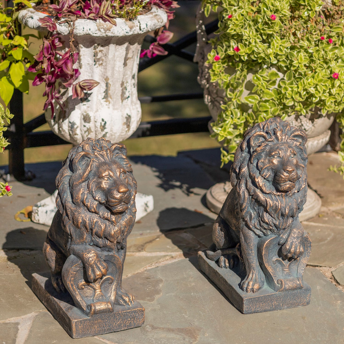 Two seated guardian lion statues stand side by side on a patio among leafy planters.