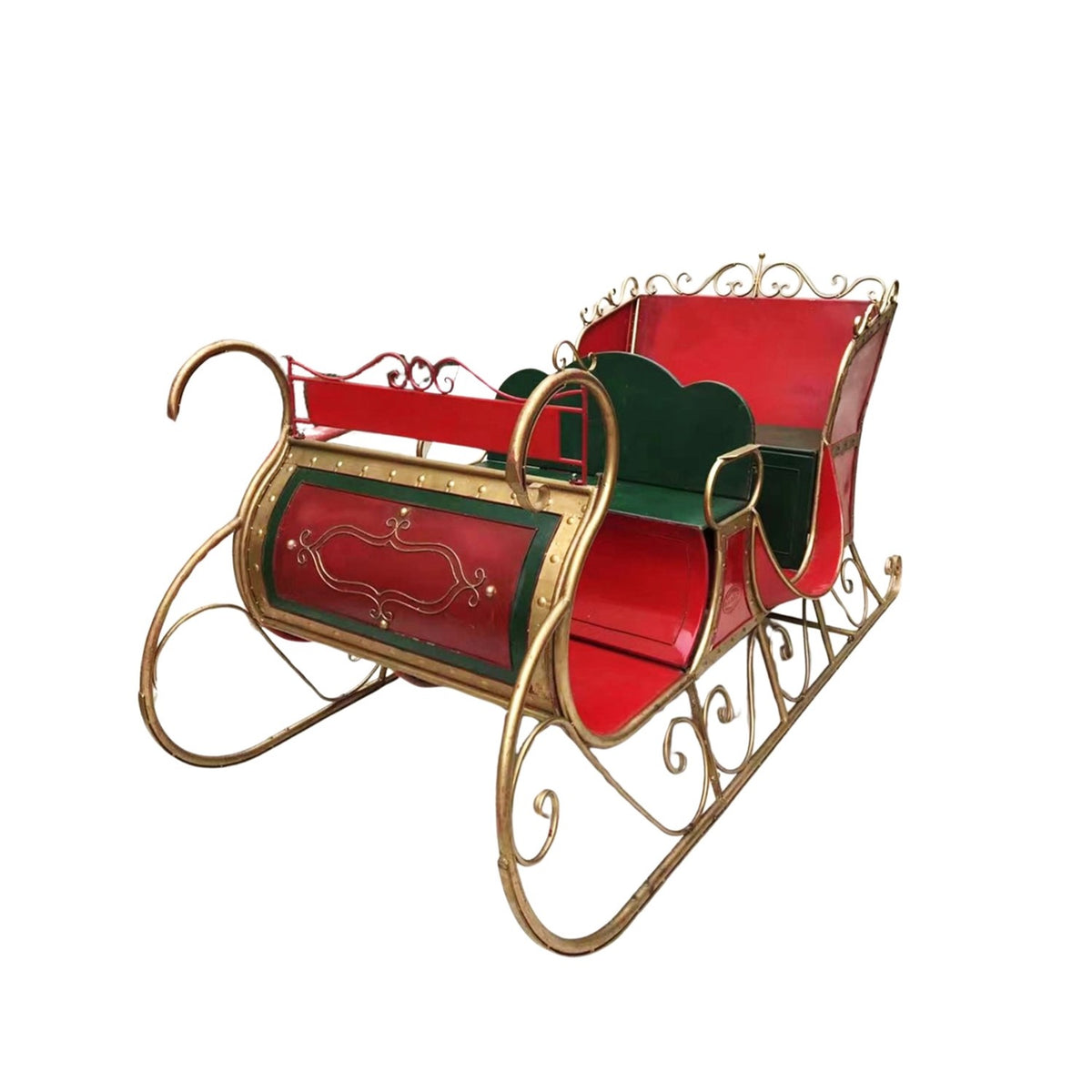 Red and green sleigh shown alone from the opposite side on white
