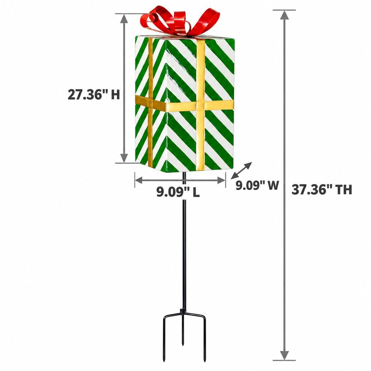 Green-and-white striped gift box stake with a red bow, gold ribbon, and measurement arrows.