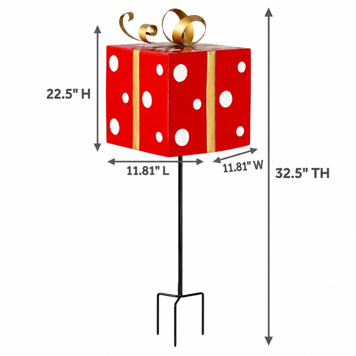 Red gift-box stake with white polka dots and a gold bow shown with measurement arrows.