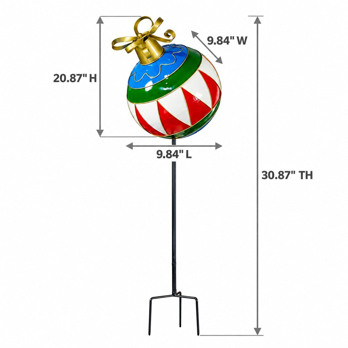 Illustration of a red, green, and blue striped ornament atop a tall metal stake with a two-pronged base.