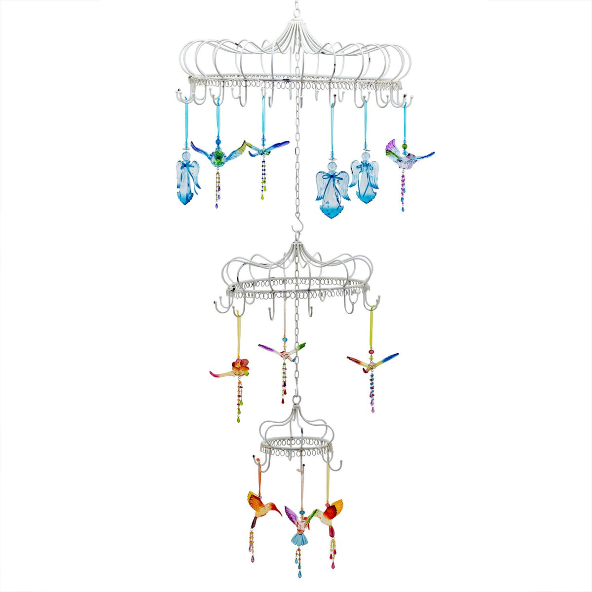 Three-tier white metal display chandelier hung with colorful bird and dragonfly ornaments.
