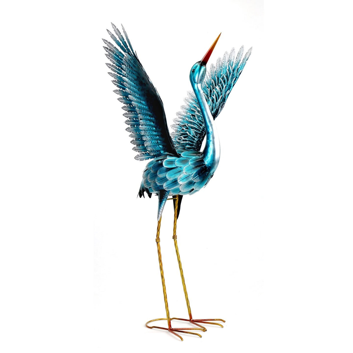 Blue-green crane figurine in side view with one wing raised against white