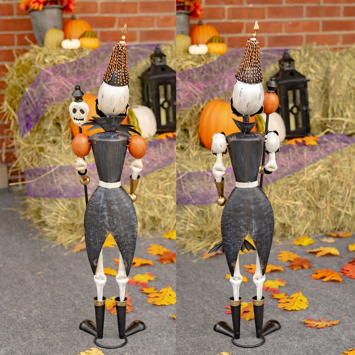 36" Tall Set of 2 Small Halloween Skeleton Soldiers Holding Staffs