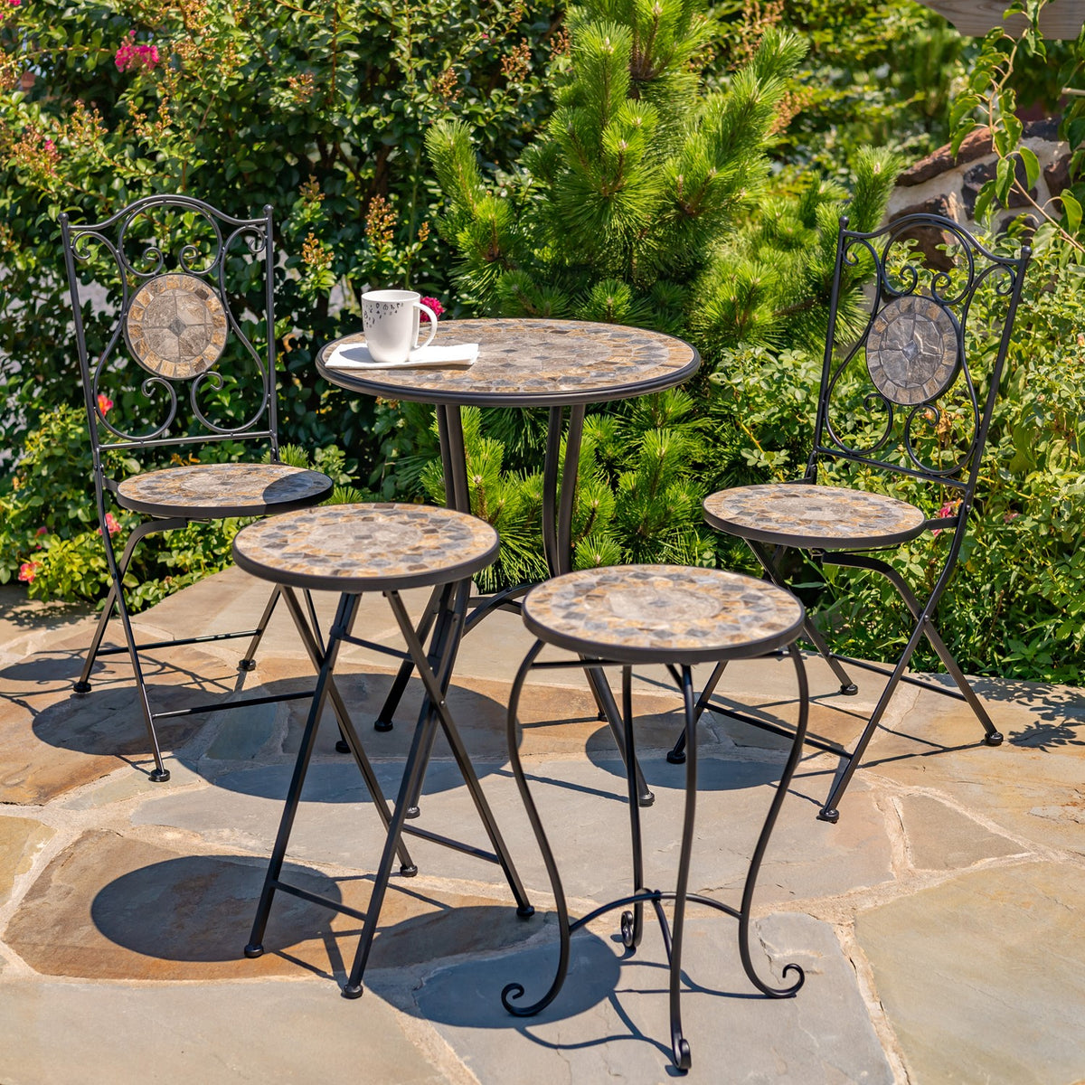 "St. Augustine" Three Piece Mosaic Bistro Set - Stone Grey & Brown
