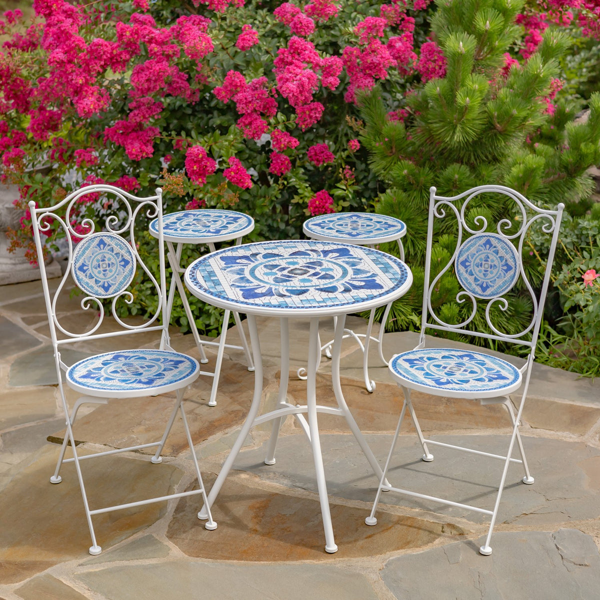 "Cape May" 23in. Tall Mosaic Folding Plant Stand - White & Blue