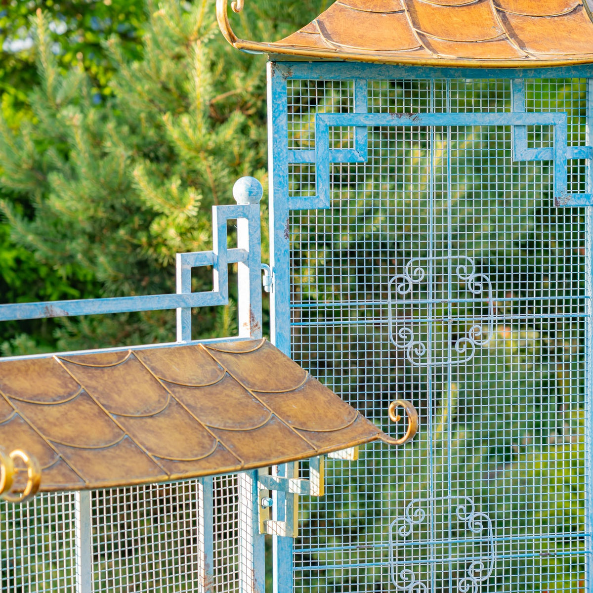 16ft. Long Pagoda Style Iron Garden Gate with Four Rectangular Planters in Soft Blue-Cream-Gold "Batumi"