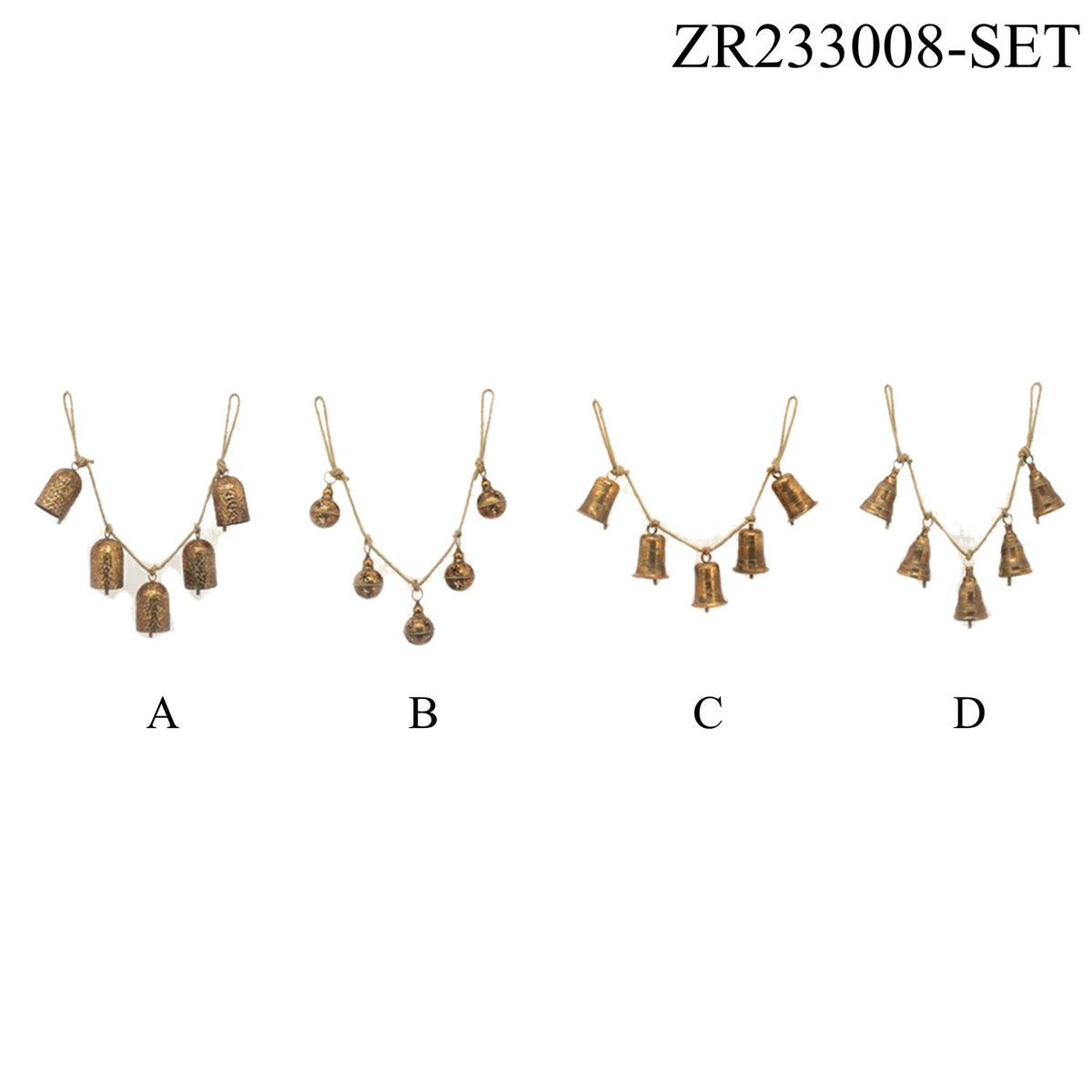 Four small hanging bell garlands are shown side by side against a white background.
