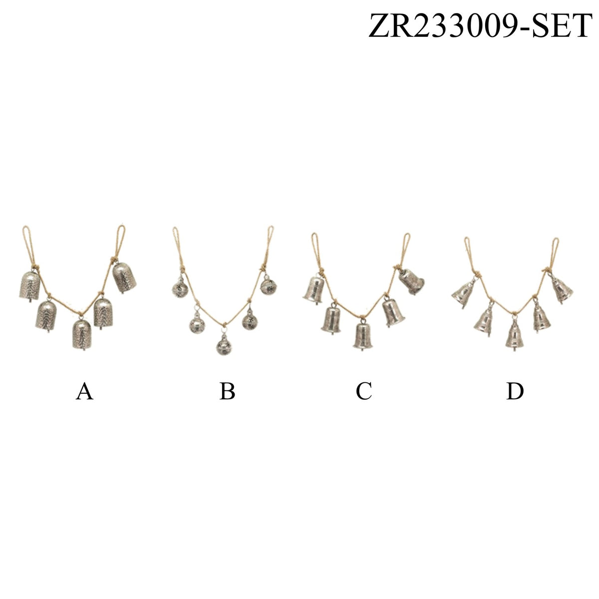 Four different hanging bell strands are displayed side by side on a white background.