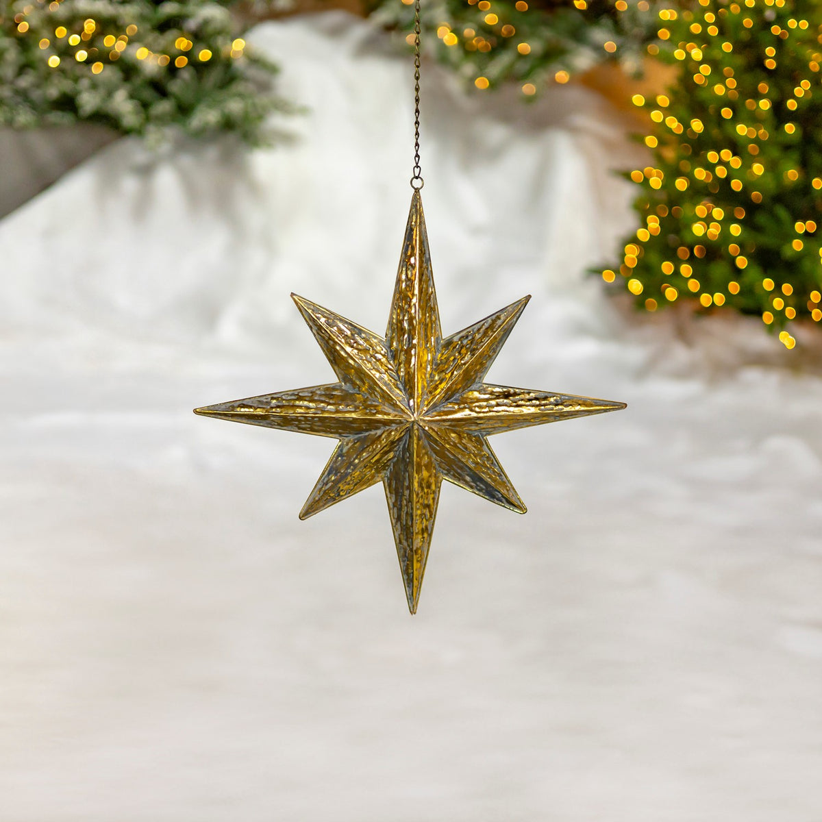 Faceted gold star suspended by a chain, with softly lit greenery in the background.