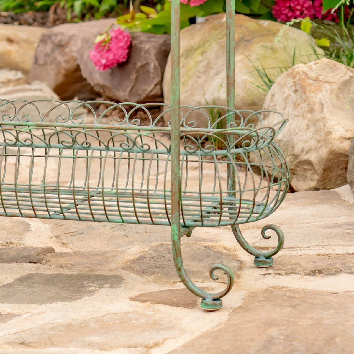 32.28" Tall Two Tier Metal Oval Basket Plant Stand in Verdi Green "Stephania"
