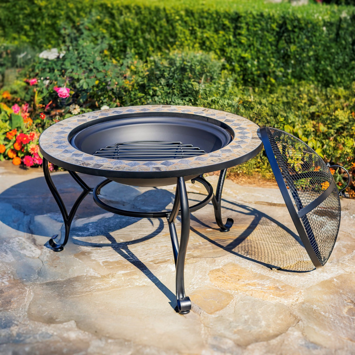 32.6"d. Round Mosaic Tile Metal Fire Pit "Aspen" "Medora"