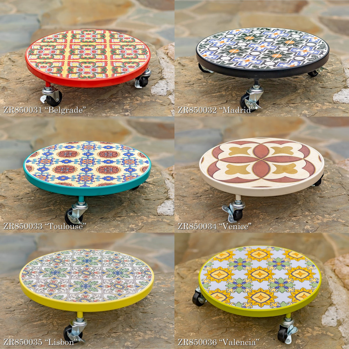 Six round plant trolleys with different colorful mosaic tops and caster wheels arranged in a grid.