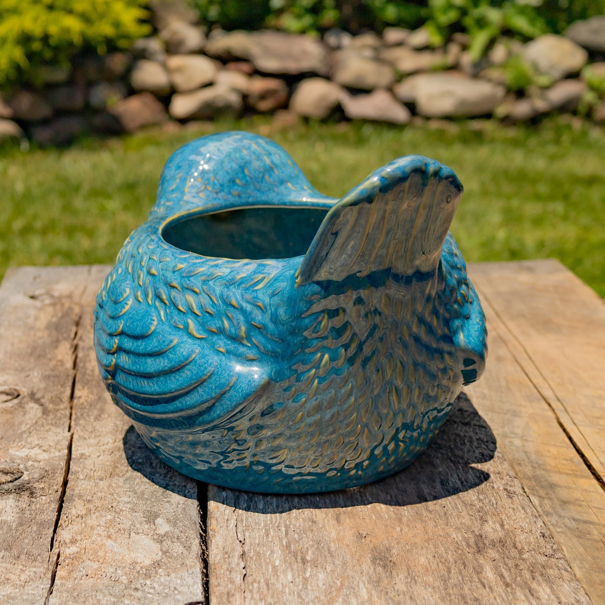 17.5" Hand Painted Ceramic Bird Planter in Blue