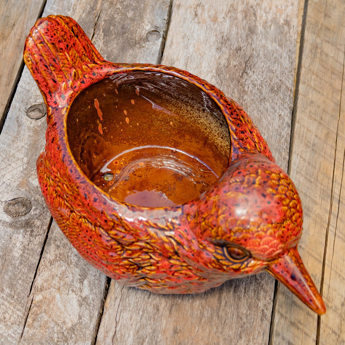 17.5" Hand Painted Ceramic Bird Planter in Red