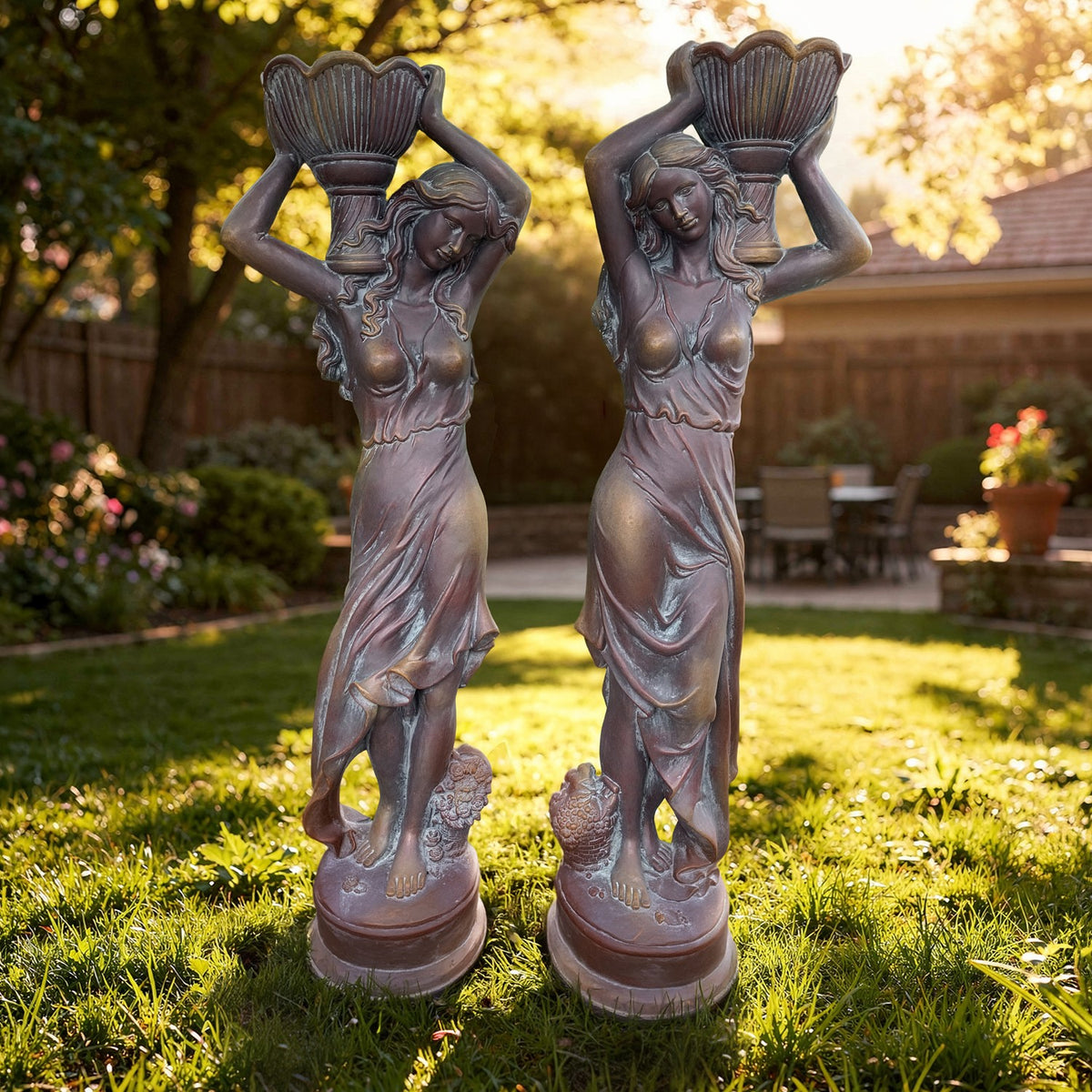 Two matching statues stand side by side on the lawn, each holding a flower pot overhead.