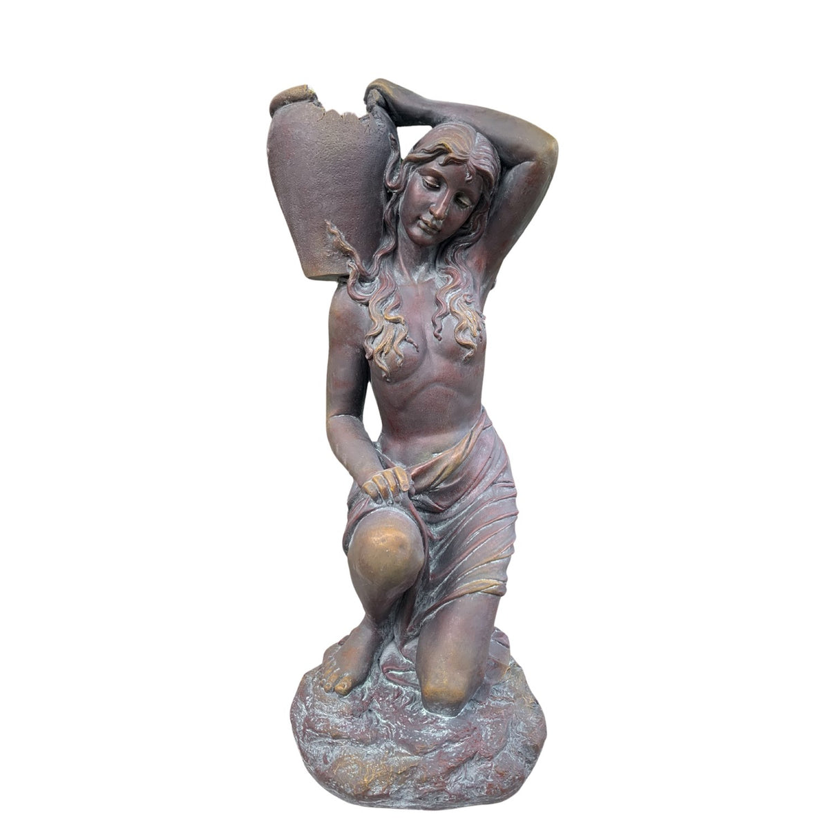 Front view of a kneeling woman with one arm raised to support an urn and her other hand resting on her knee.