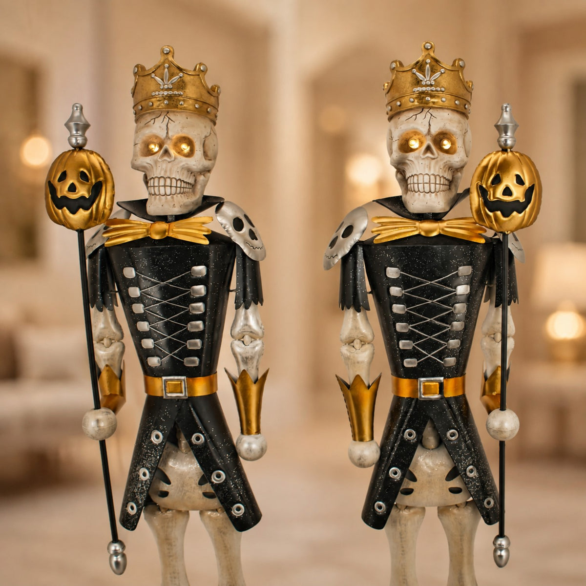 Two illuminated skeleton sentries displayed side by side in a warm interior