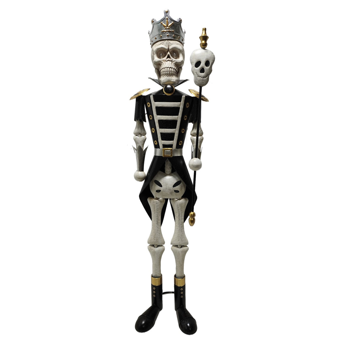 Front view of a black and gold skeleton sentry figure with a skull staff on white