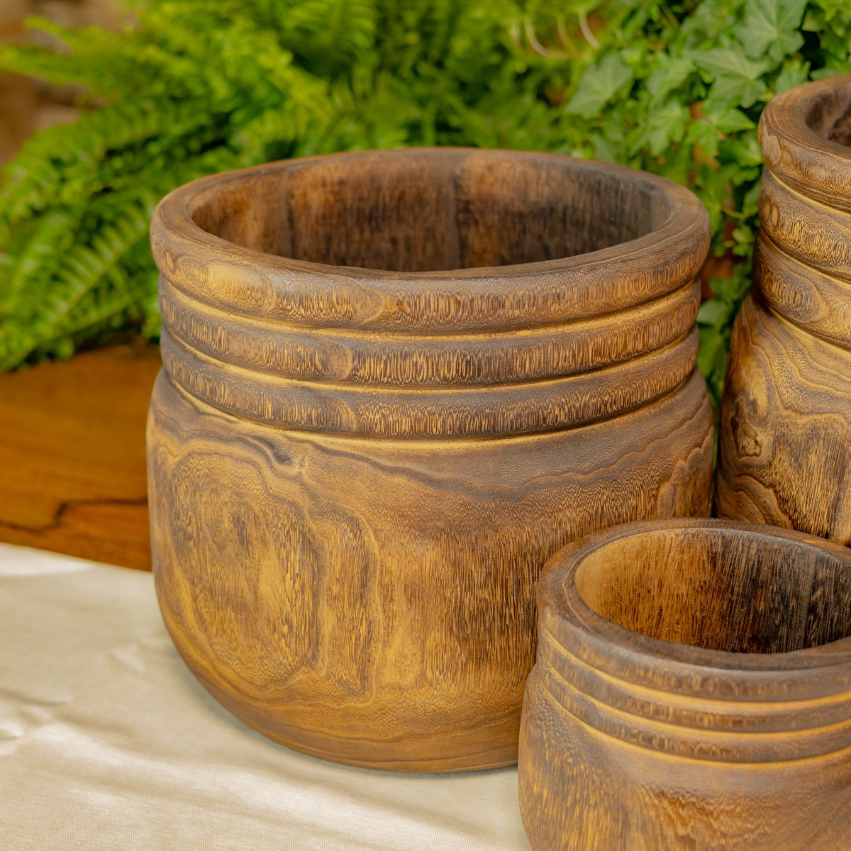 A broad wooden bowl with a smaller bowl in front, displayed against greenery and a wood backdrop.