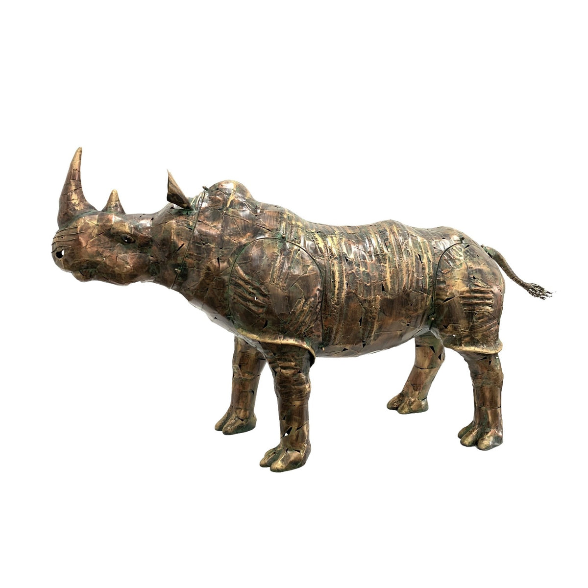 Rhinoceros statue in a three-quarter side view against a white background