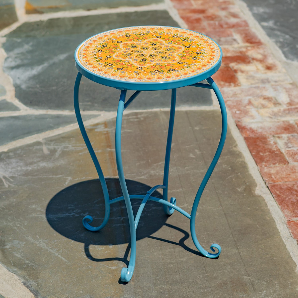 "Atrani" 22" Tall Mosaic Pedestal Plant Stand - Blue/Yellow