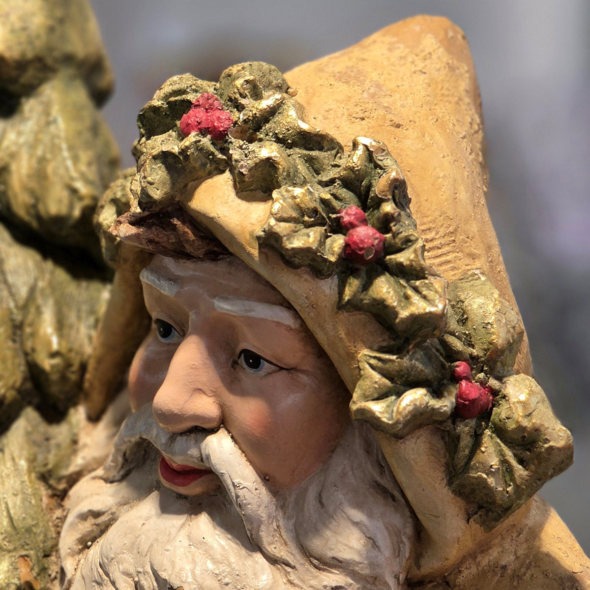 Close-up side view of Santa's face and red-and-green hood details