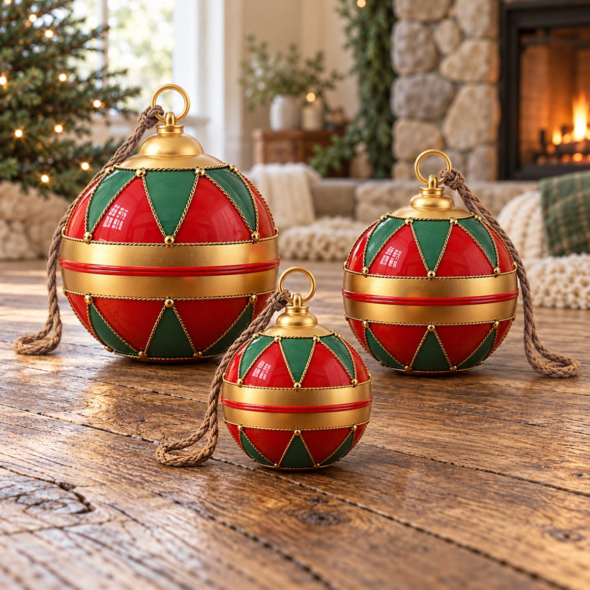 Three red and green paneled baubles sit on a wooden table in front of a fireplace.