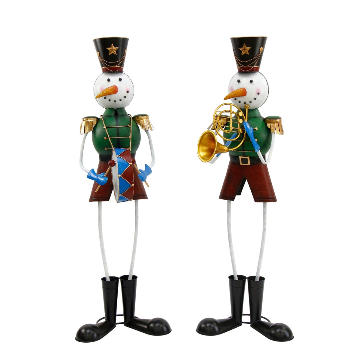 Two snowman soldiers stand side by side against a white background, one holding a horn.